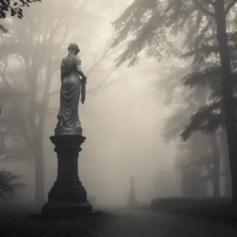 Black and white statue in misty park - Image 1