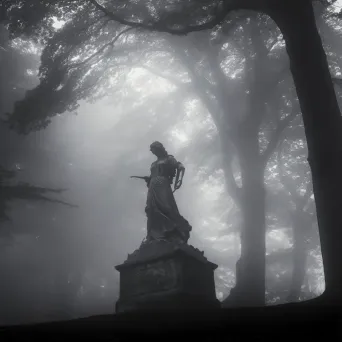 Black and white statue in misty park - Image 3