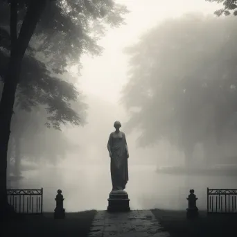 Black and white statue in misty park - Image 4