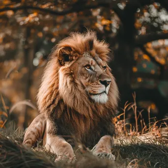 Lion lounging in the savanna under golden sunlight. - Image 4