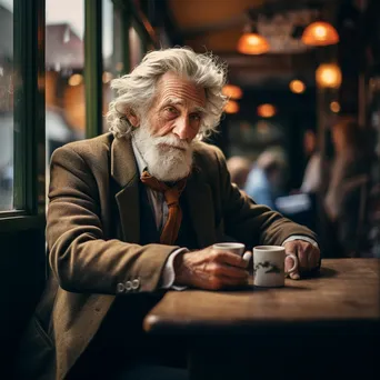 An elderly man drinking coffee in a cozy, antique café. - Image 1