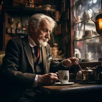 An elderly man drinking coffee in a cozy, antique café. - Image 3