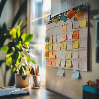 Wall calendar filled with colorful notes and reminders in a bright workspace. - Image 1