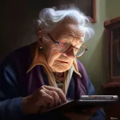 Elderly person learning to use a tablet, expressing curiosity and wonder - Image 1