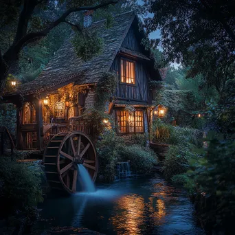 Historic watermill illuminated at dusk - Image 3