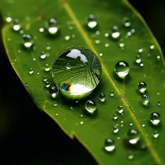 Macro view image of a dewdrop on a leaf reflecting the surrounding environment - Image 2