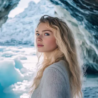 Interior of a glacier cave with delicate ice formations in soft blue tones - Image 1