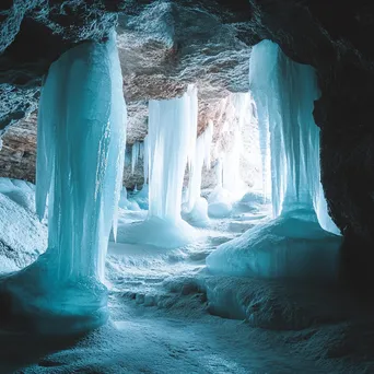 Interior of a glacier cave with delicate ice formations in soft blue tones - Image 2