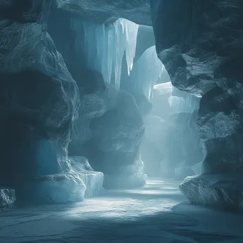 Interior of a glacier cave with delicate ice formations in soft blue tones - Image 3