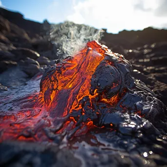 Close-up of molten lava flowing down a volcano in bright sunlight - Image 3