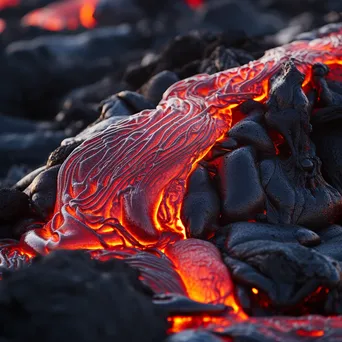 Close-up of molten lava flowing down a volcano in bright sunlight - Image 4