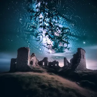 Milky Way galaxy over castle ruins with fog and stars - Image 3