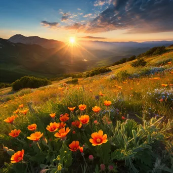 Mountain plateau landscape with wildflowers at sunset. - Image 1