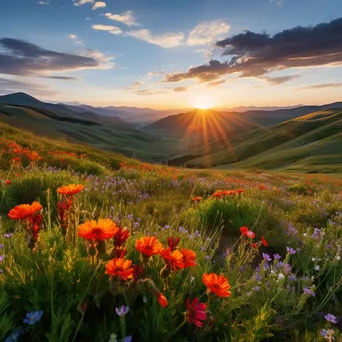 Mountain plateau landscape with wildflowers at sunset. - Image 2