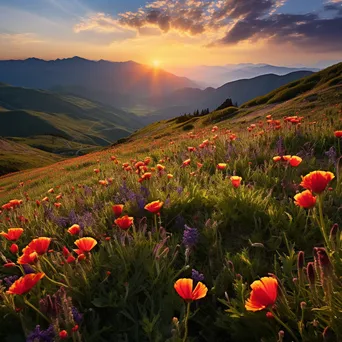 Mountain plateau landscape with wildflowers at sunset. - Image 4