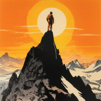 Illustration of mountain climber at towering peak with sunrise - Image 2