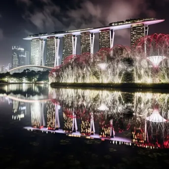 Night view of futuristic Singapore skyline with Marina Bay Sands and SuperTree Grove - Image 1