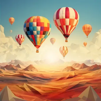 Classic hot air balloons in low poly style drifting over intricate patchwork fields - Image 2