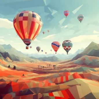 Classic hot air balloons in low poly style drifting over intricate patchwork fields - Image 3