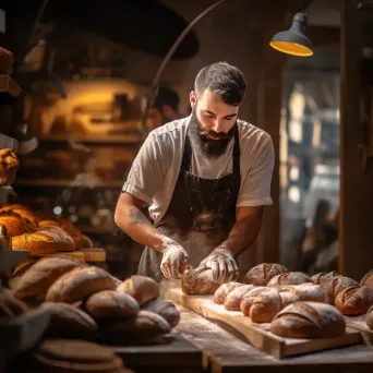 Local bakery with bakers creating artisan bread and pastries in rustic ambiance - Image 1