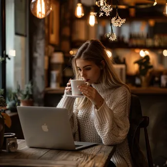 Influencer working on laptop in café - Image 4