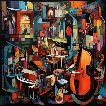 Cubist interpretation of a jazz club scene with murmuring crowd - Image 1