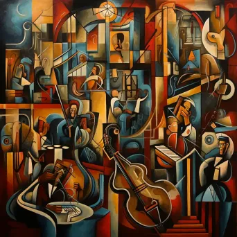 Cubist interpretation of a jazz club scene with murmuring crowd - Image 3