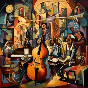 Cubist interpretation of a jazz club scene with murmuring crowd - Image 4