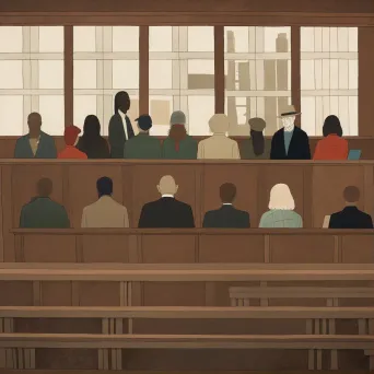 Courtroom illustration featuring diverse historical figures in the jury box. - Image 1