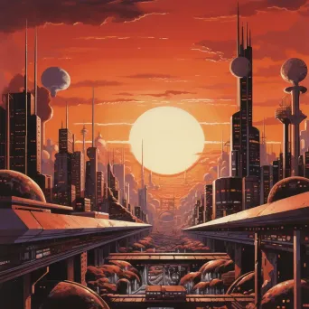 Image of a futuristic cityscape with geometric buildings and monorails at sunset - Image 1