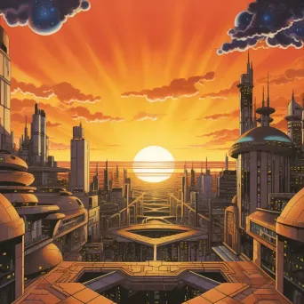 Future Metropolis with Geometric Buildings and Monorails at Sunset