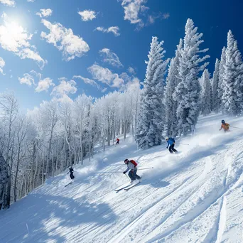 Skiers racing down a snowy slope filled with frosty trees and blue skies - Image 1