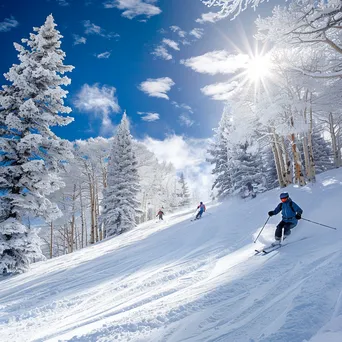 Skiers Racing Down Powdery Slope