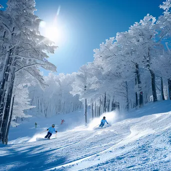 Skiers racing down a snowy slope filled with frosty trees and blue skies - Image 3