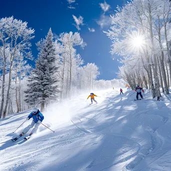 Skiers racing down a snowy slope filled with frosty trees and blue skies - Image 4