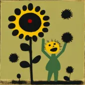 Image of child releasing bird in sunflower field - Image 1