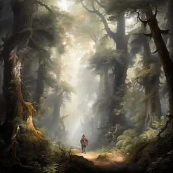 Person walking through foggy forest with tall trees - Image 2