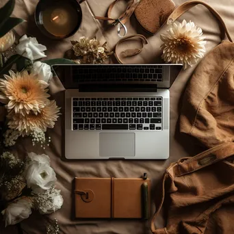 Creative flat lay with a laptop, notebooks, and craft supplies under soft diffused lighting. - Image 3