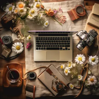 Creative flat lay with a laptop, notebooks, and craft supplies under soft diffused lighting. - Image 4