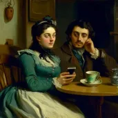 Illustration of a young couple using smartphones in a cafe with a cup of coffee - Image 3