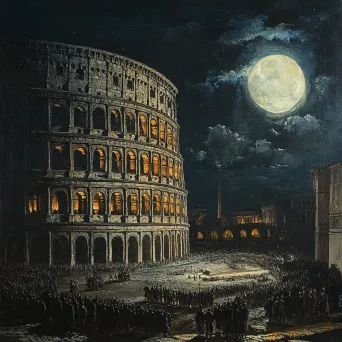 Nighttime view of the Colosseum under moonlight dramatically portrayed in Renaissance style - Image 1