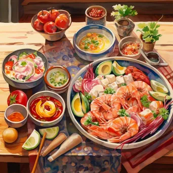 Bright watercolor painting of a Peruvian cevicheria at noon - Image 1