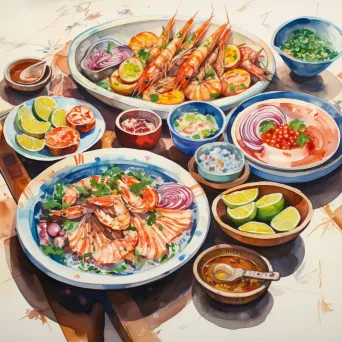 Bright watercolor painting of a Peruvian cevicheria at noon - Image 3