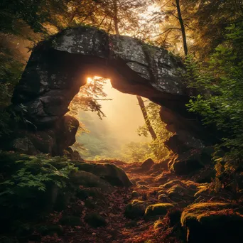 Rock arch surrounded by trees at dawn - Image 1