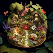 Fairy garden with tiny houses and magical creatures - Image 1