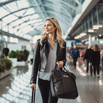 A professional woman with a laptop bag in an airport terminal - Image 1