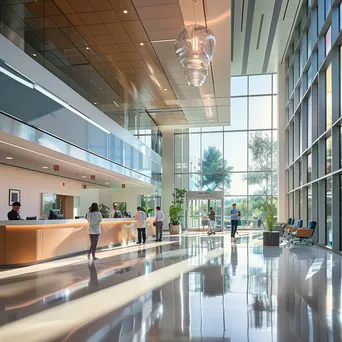 Patients checking in at a modern hospital lobby with large windows and reception desk. - Image 1