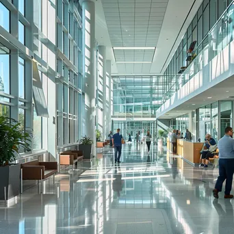 Patients checking in at a modern hospital lobby with large windows and reception desk. - Image 2