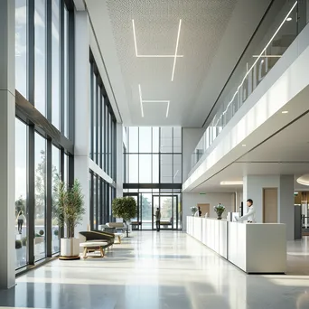 Patients checking in at a modern hospital lobby with large windows and reception desk. - Image 4