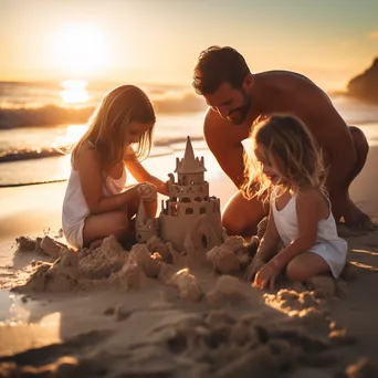 Family building sandcastles and playing in the waves at the beach. - Image 2